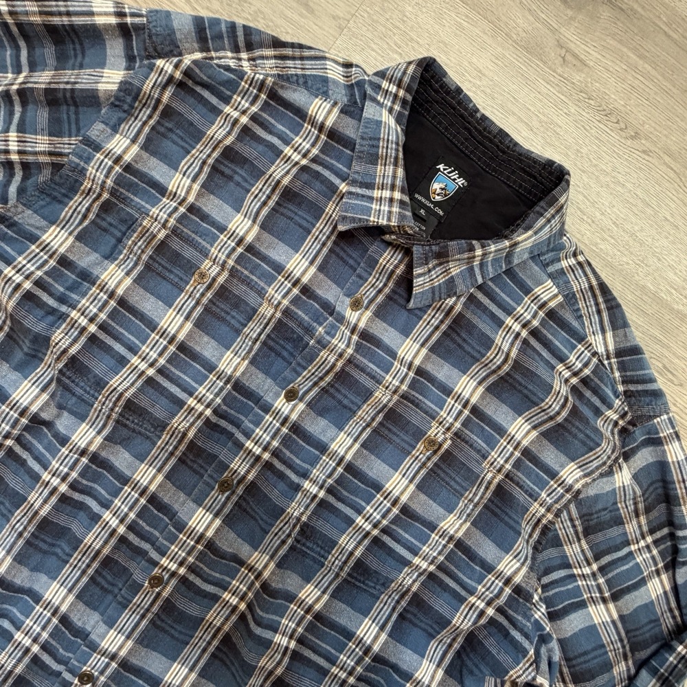 Kuhl Fugitive Flannel Shirt Mens XL Blue Plaid Button Up Cotton Hiking Outdoor
